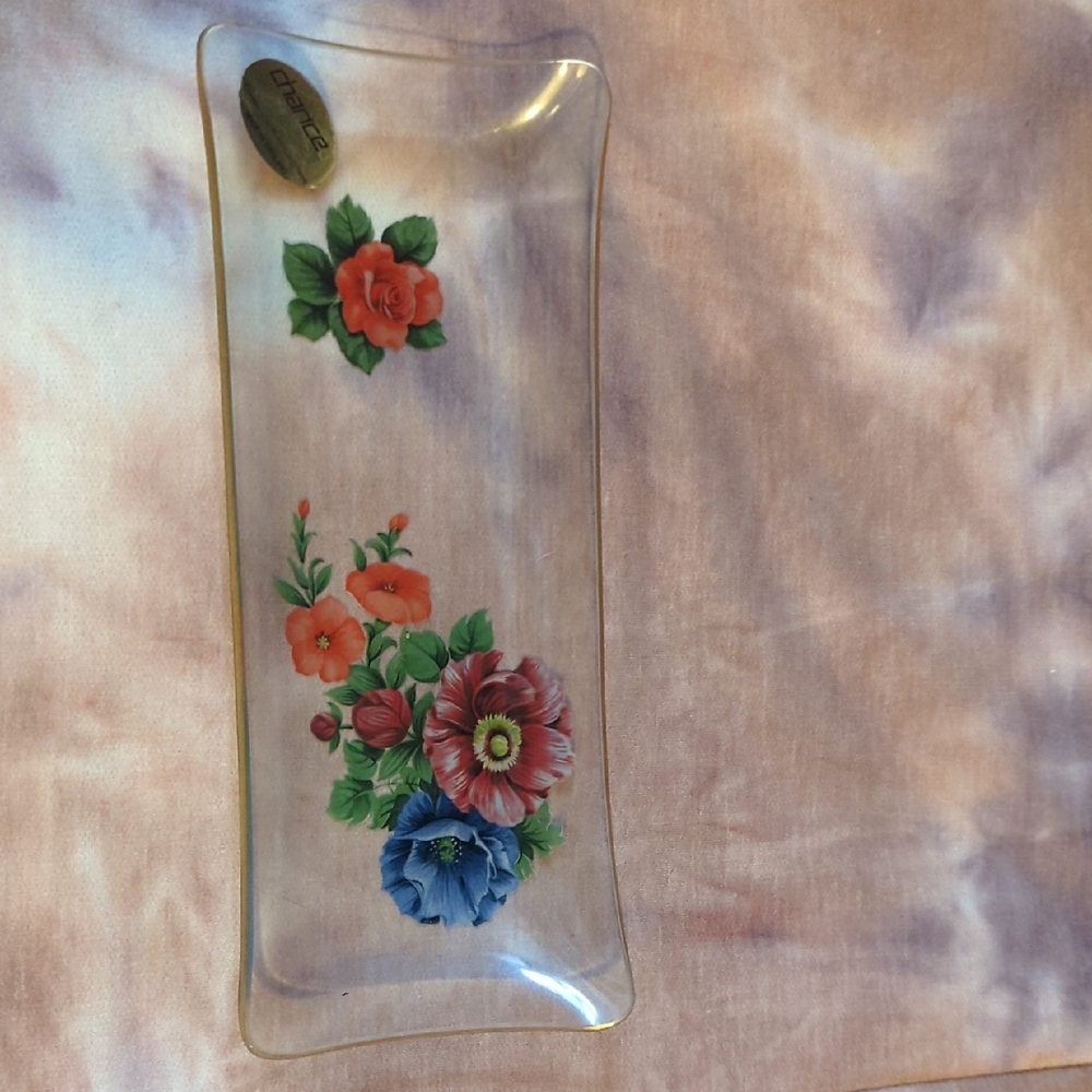 vintage Chance Glass Floral Tray with Red and Green Design